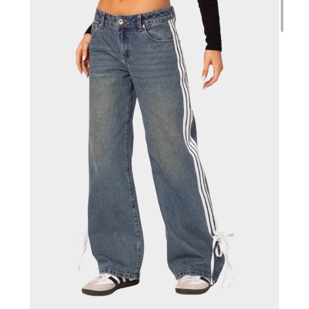 Edikted Wide Leg Jeans Women XL Blue Baggy Bow Ribbon Blokette Streetwear Y2K